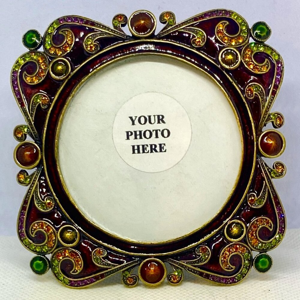 VTG! New Square Small Photo Frame Brass with Burgundy Enamel & Rhinestones 3.5"